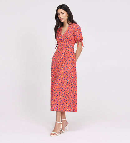 Gabriella Coral Floral Bow Detail Empire Waist Midi Dress