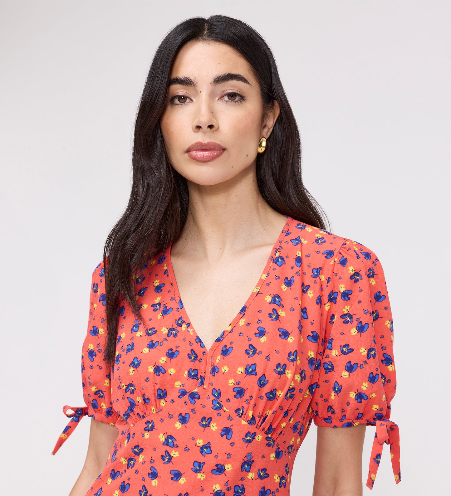Gabriella Coral Floral Bow Detail Empire Waist Midi Dress