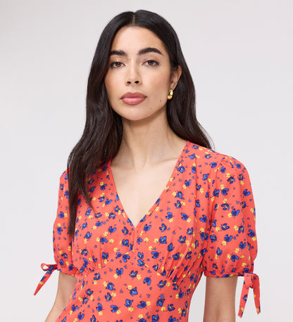 Gabriella Coral Floral Bow Detail Empire Waist Midi Dress