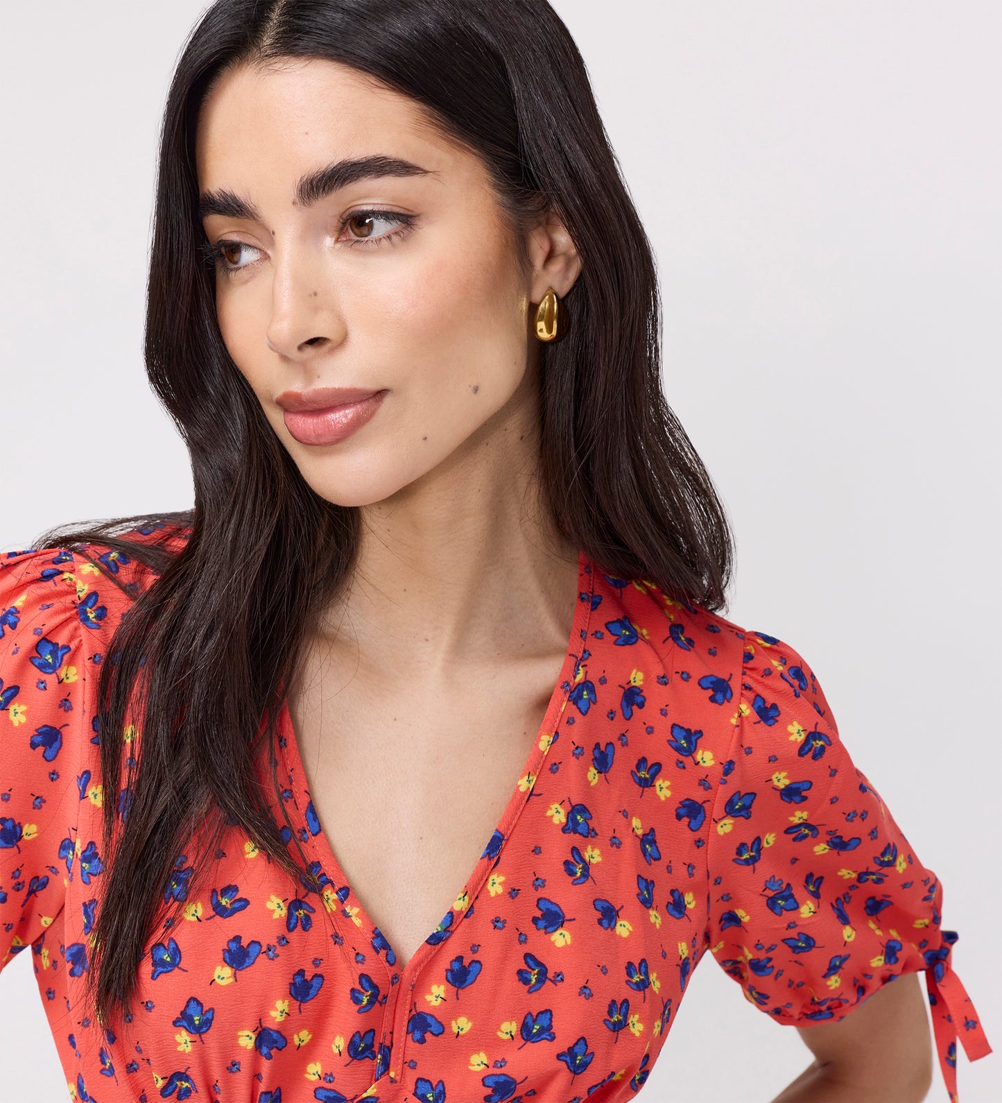 Gabriella Coral Floral Bow Detail Empire Waist Midi Dress