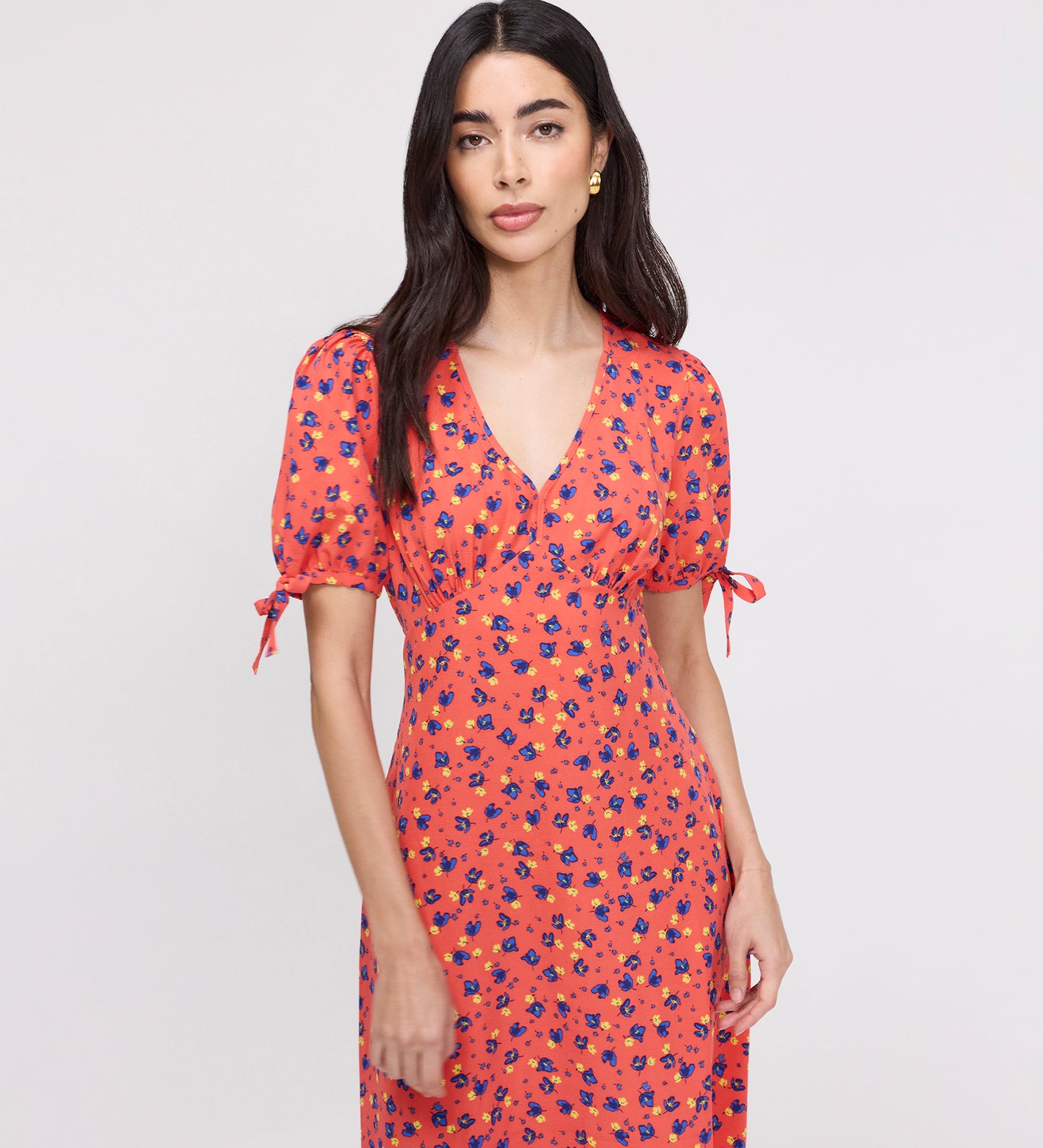 Gabriella Coral Floral Bow Detail Empire Waist Midi Dress