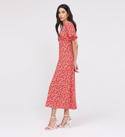 Gabriella Coral Floral Bow Detail Empire Waist Midi Dress
