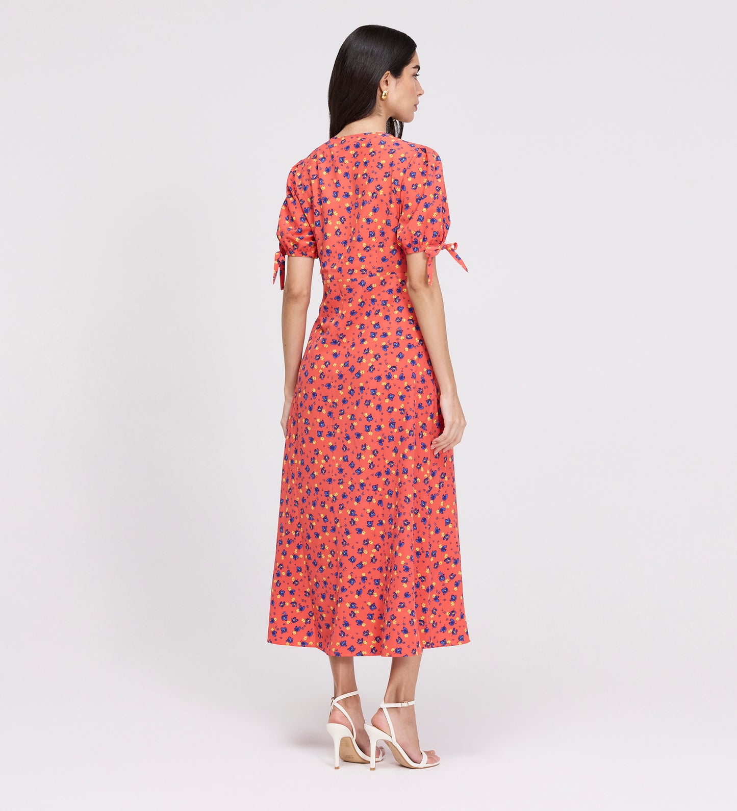 Gabriella Coral Floral Bow Detail Empire Waist Midi Dress