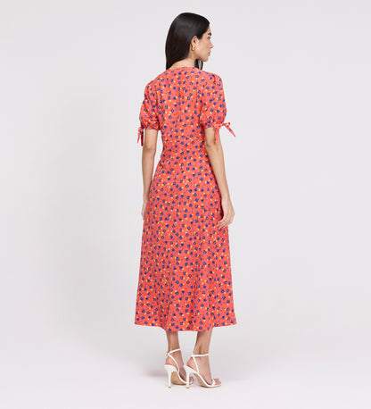 Gabriella Coral Floral Bow Detail Empire Waist Midi Dress
