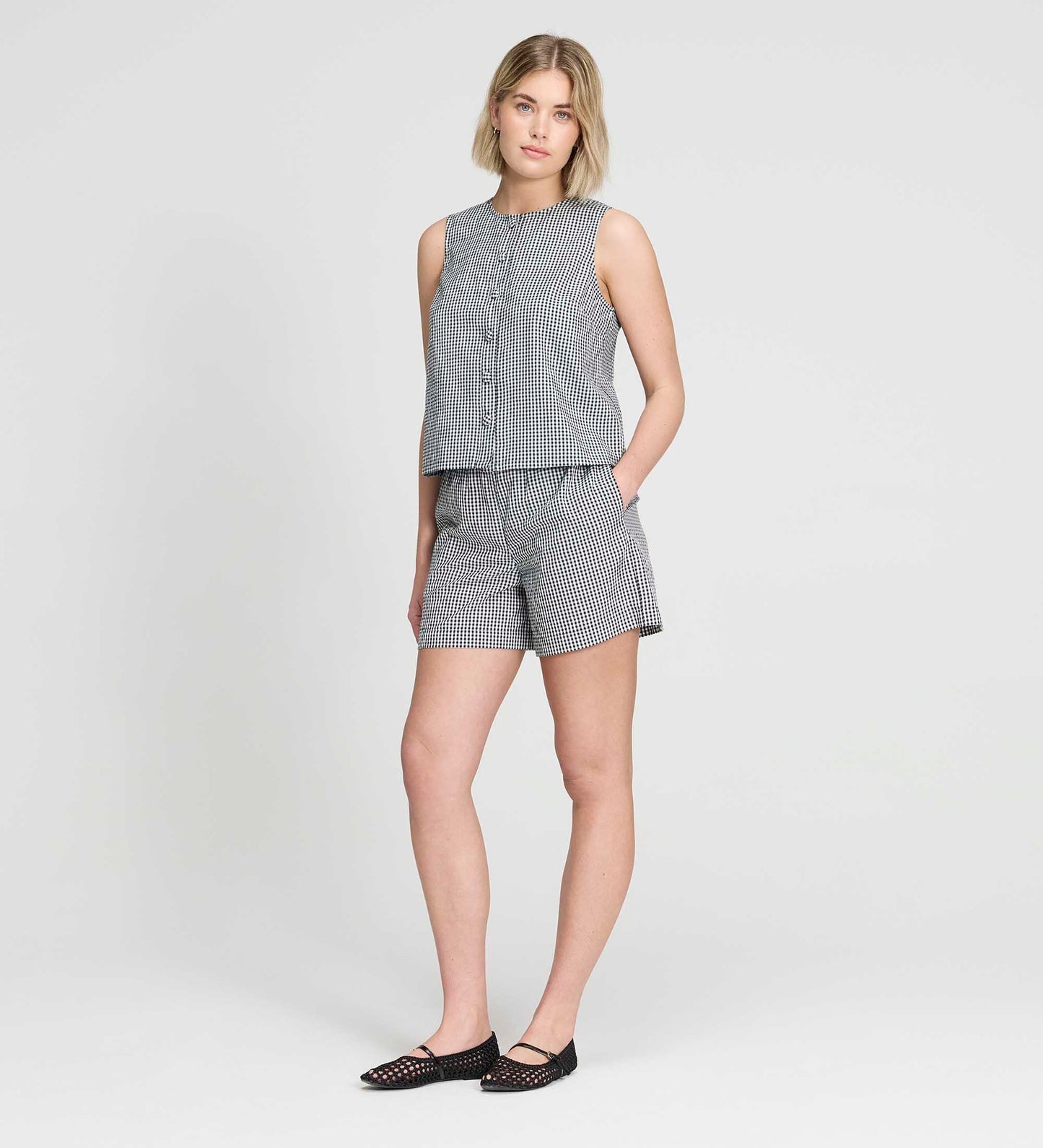 Maggie Black Gingham Cotton Sleeveless Button-Through Top