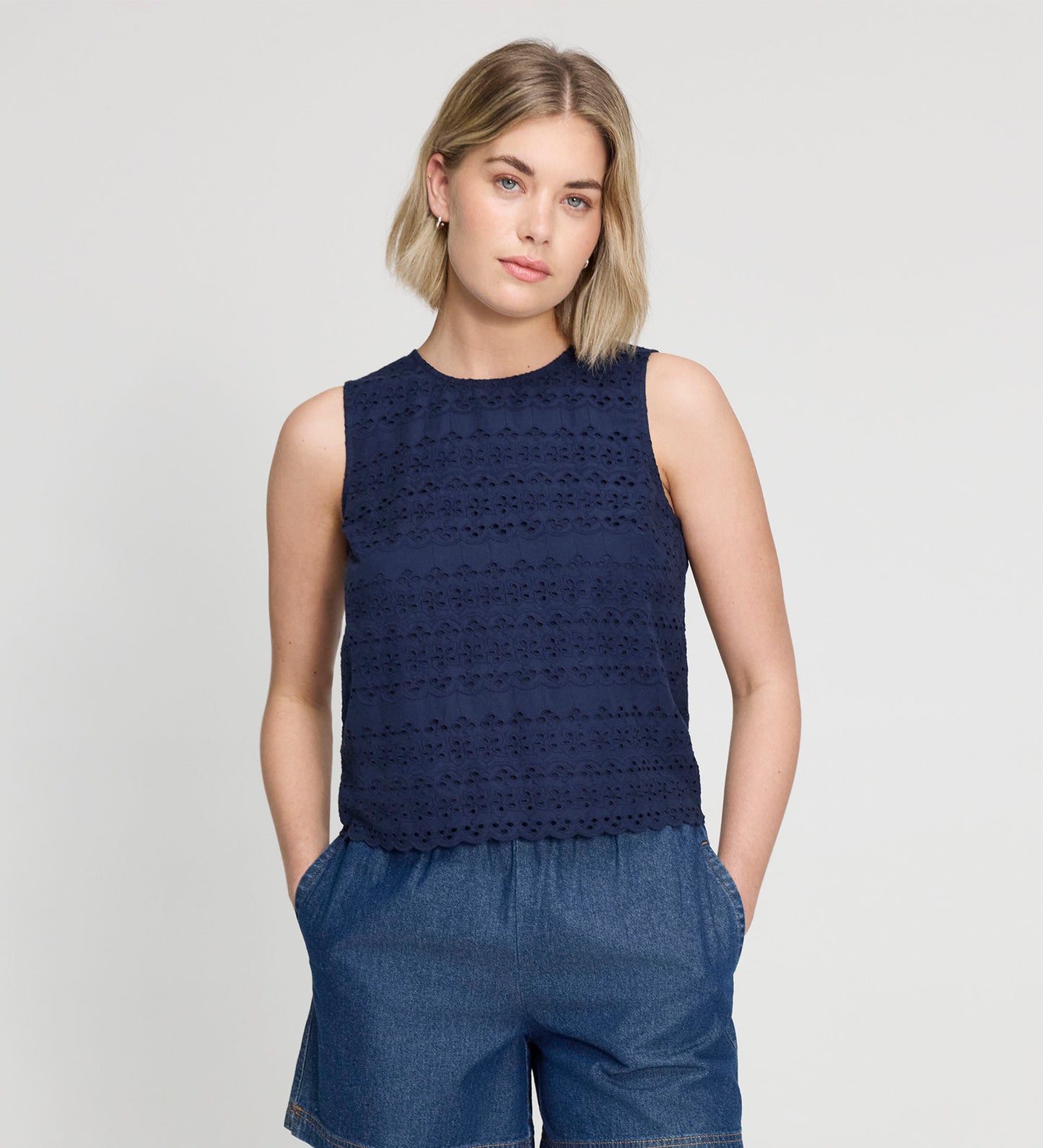 Gloria Navy Cotton Broderie Shell Top