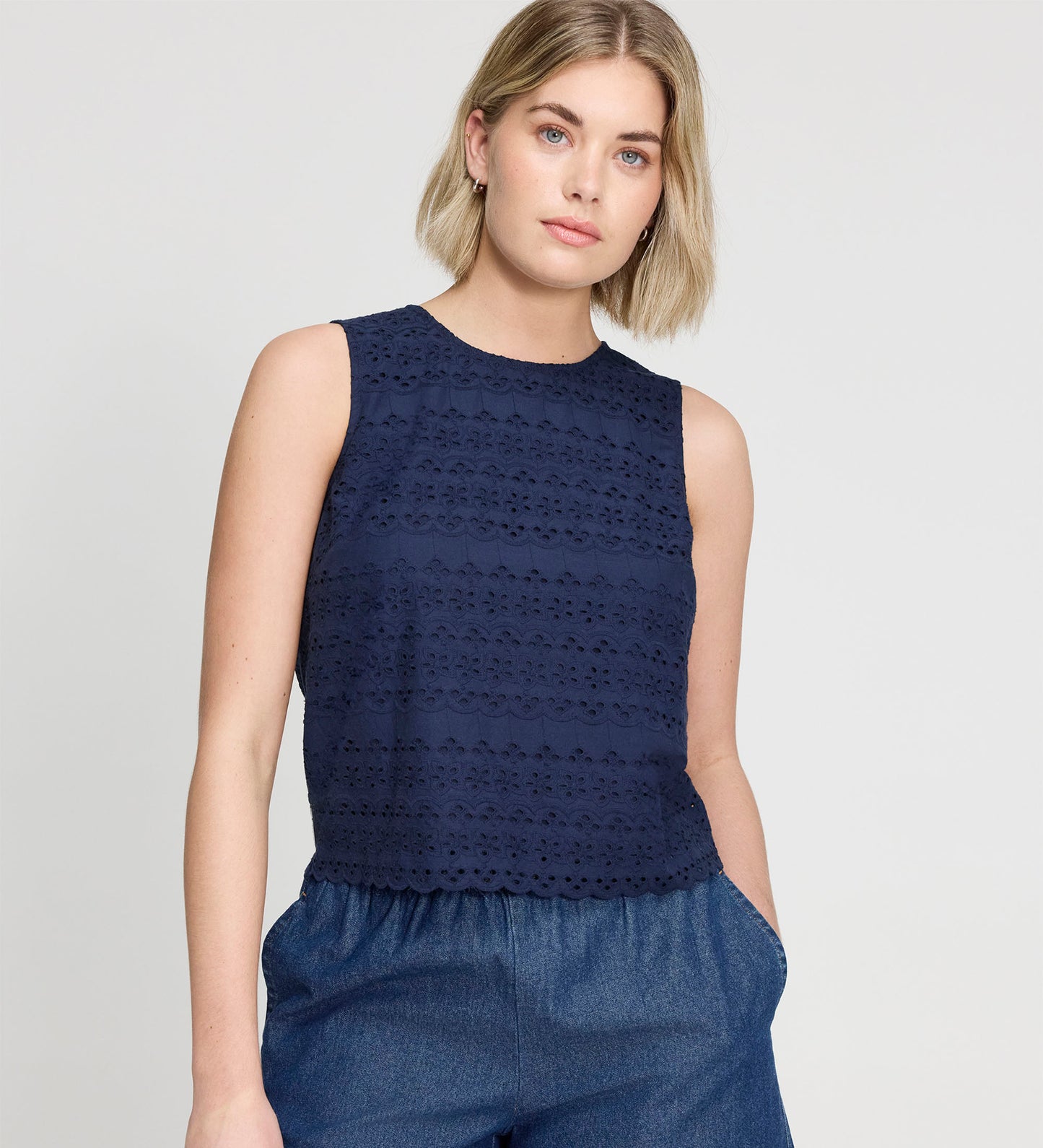 Gloria Navy Cotton Broderie Shell Top