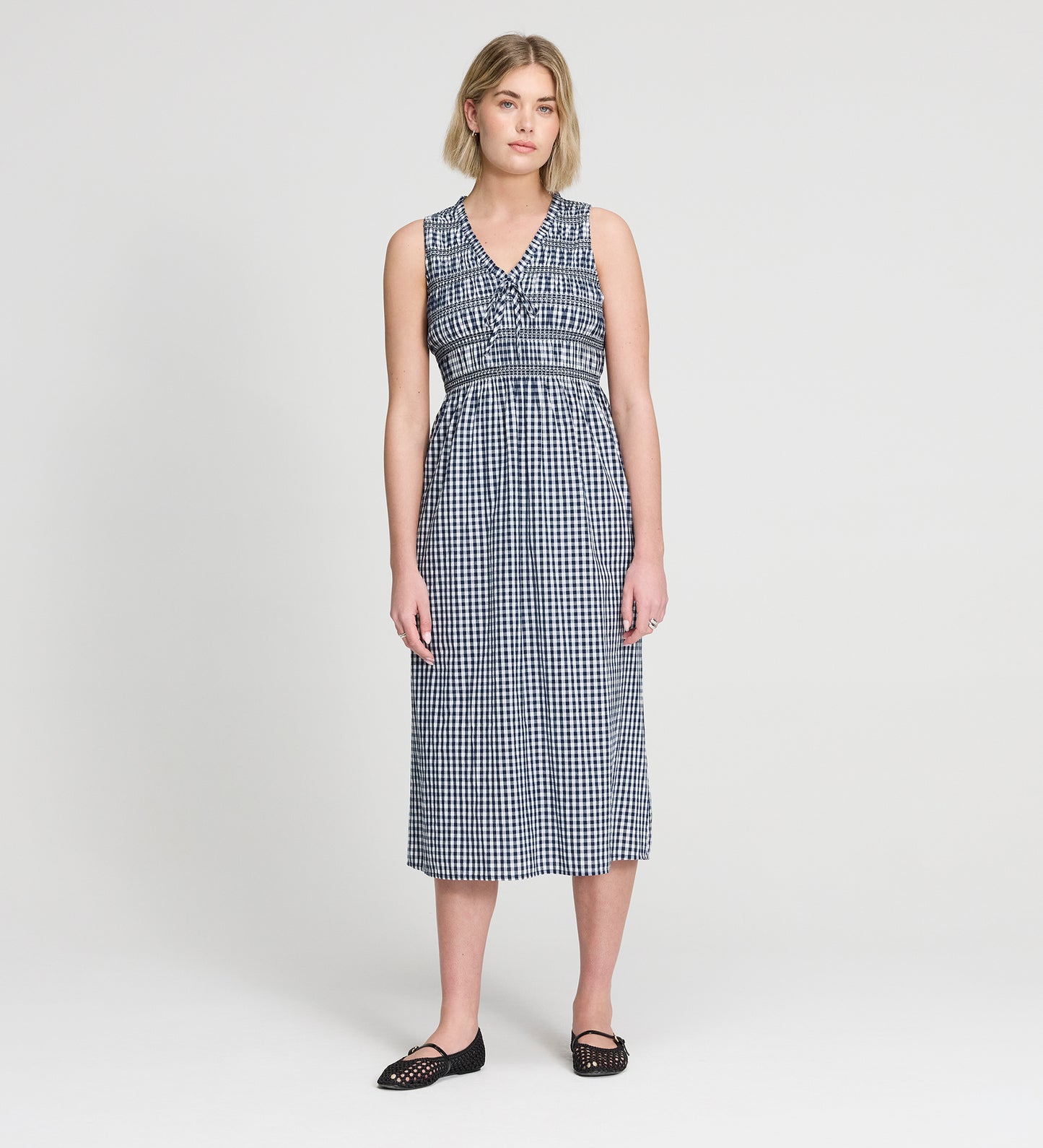 Hadlee Navy Cotton Gingham Shirred Bodice Sleeveless Midi Dress