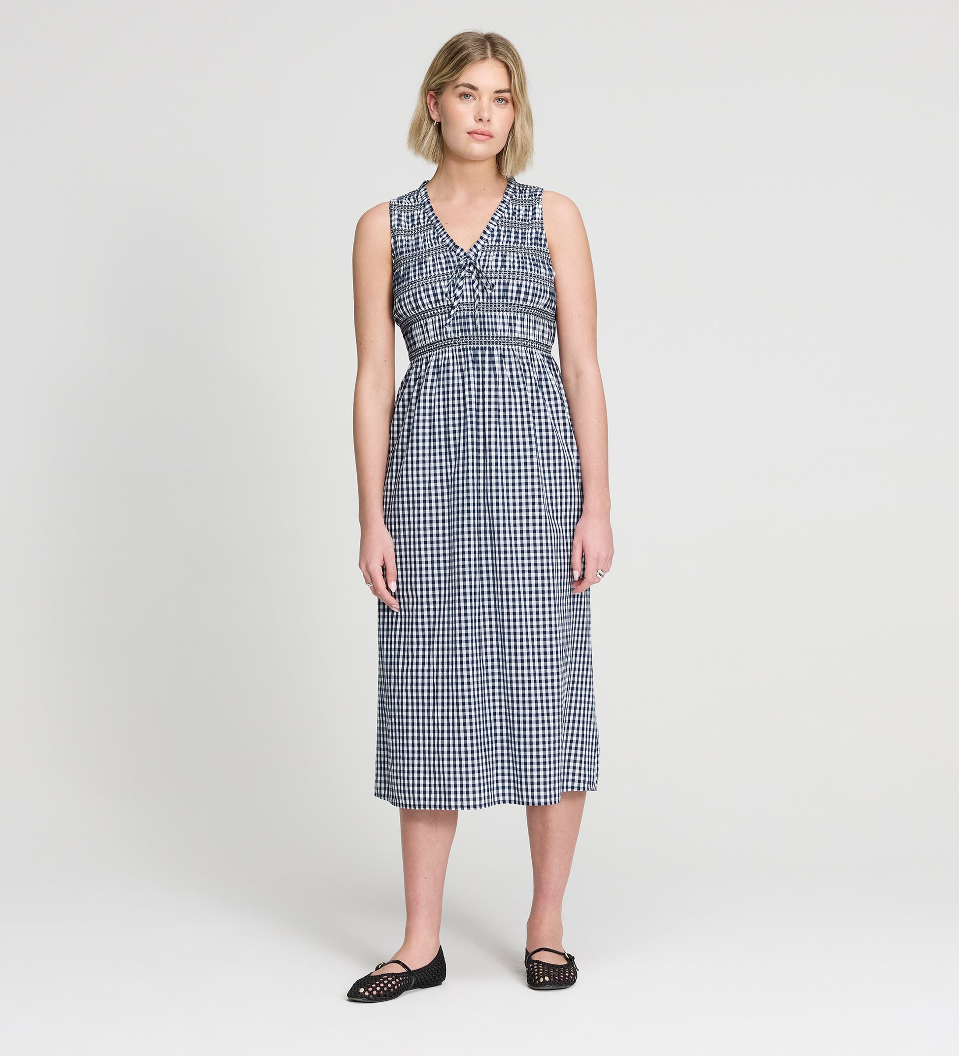 Hadlee Navy Cotton Gingham Shirred Bodice Sleeveless Midi Dress