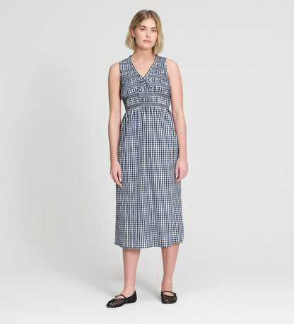 Hadlee Navy Cotton Gingham Shirred Bodice Sleeveless Midi Dress