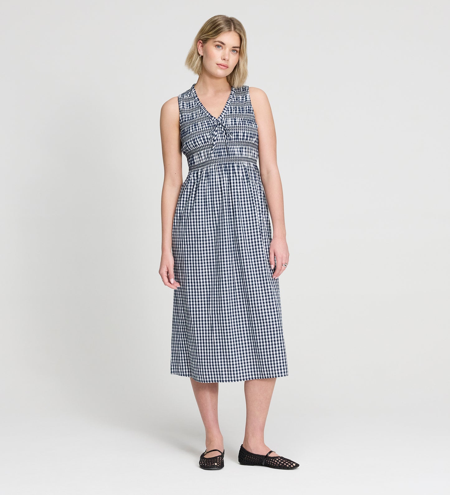 Hadlee Navy Cotton Gingham Shirred Bodice Sleeveless Midi Dress
