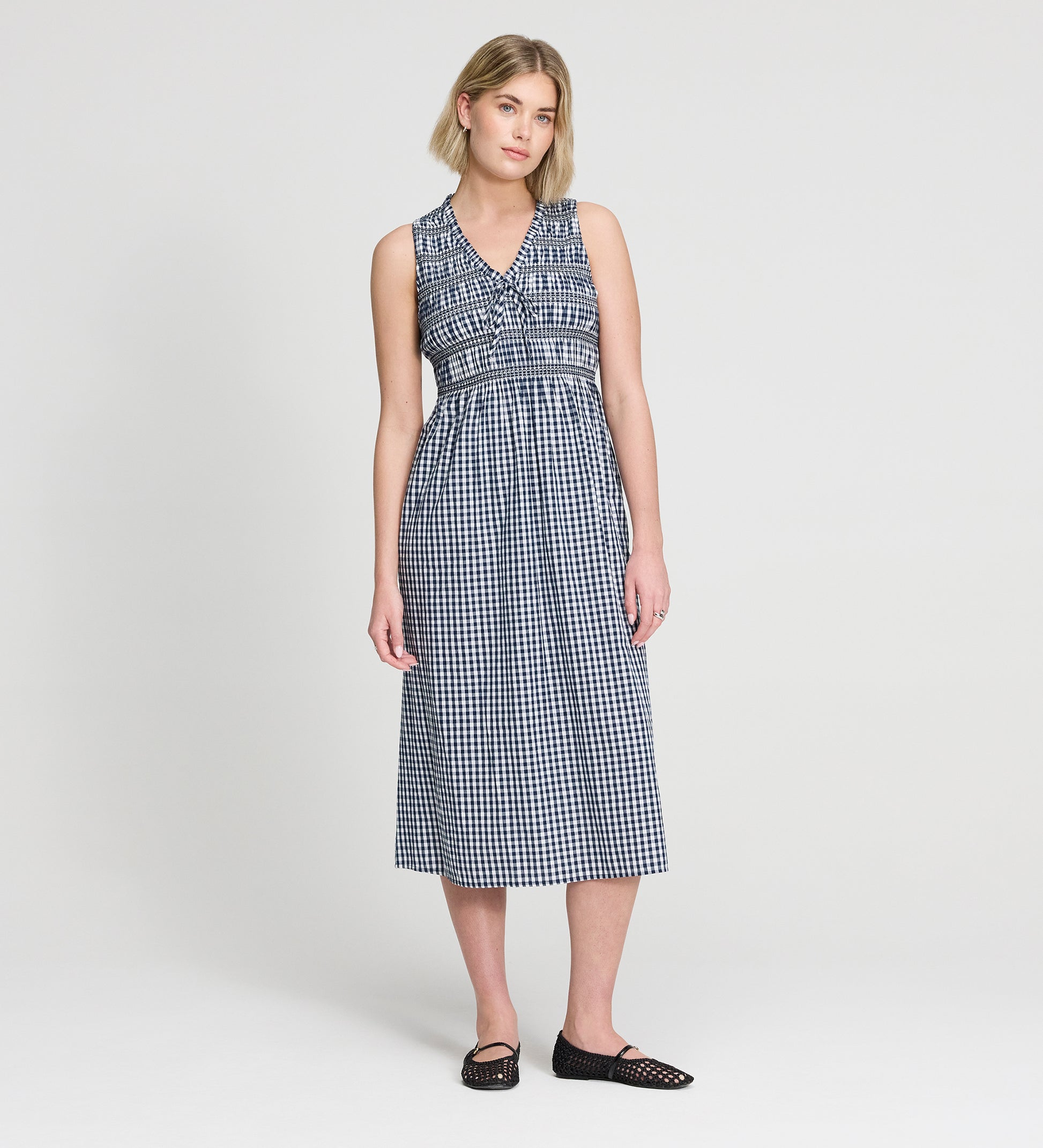 Hadlee Navy Cotton Gingham Shirred Bodice Sleeveless Midi Dress