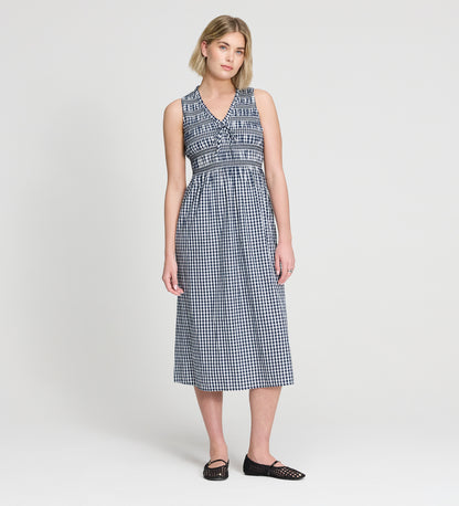Hadlee Navy Cotton Gingham Shirred Bodice Sleeveless Midi Dress