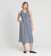 Woman wearing Hadlee Navy Cotton Gingham Shirred Bodice Sleeveless Midi Dress on a white background
