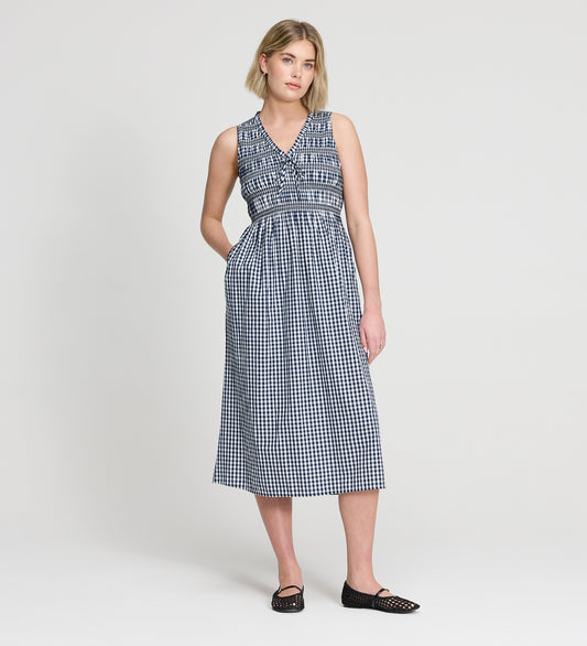 Hadlee Navy Cotton Gingham Shirred Bodice Sleeveless Midi Dress