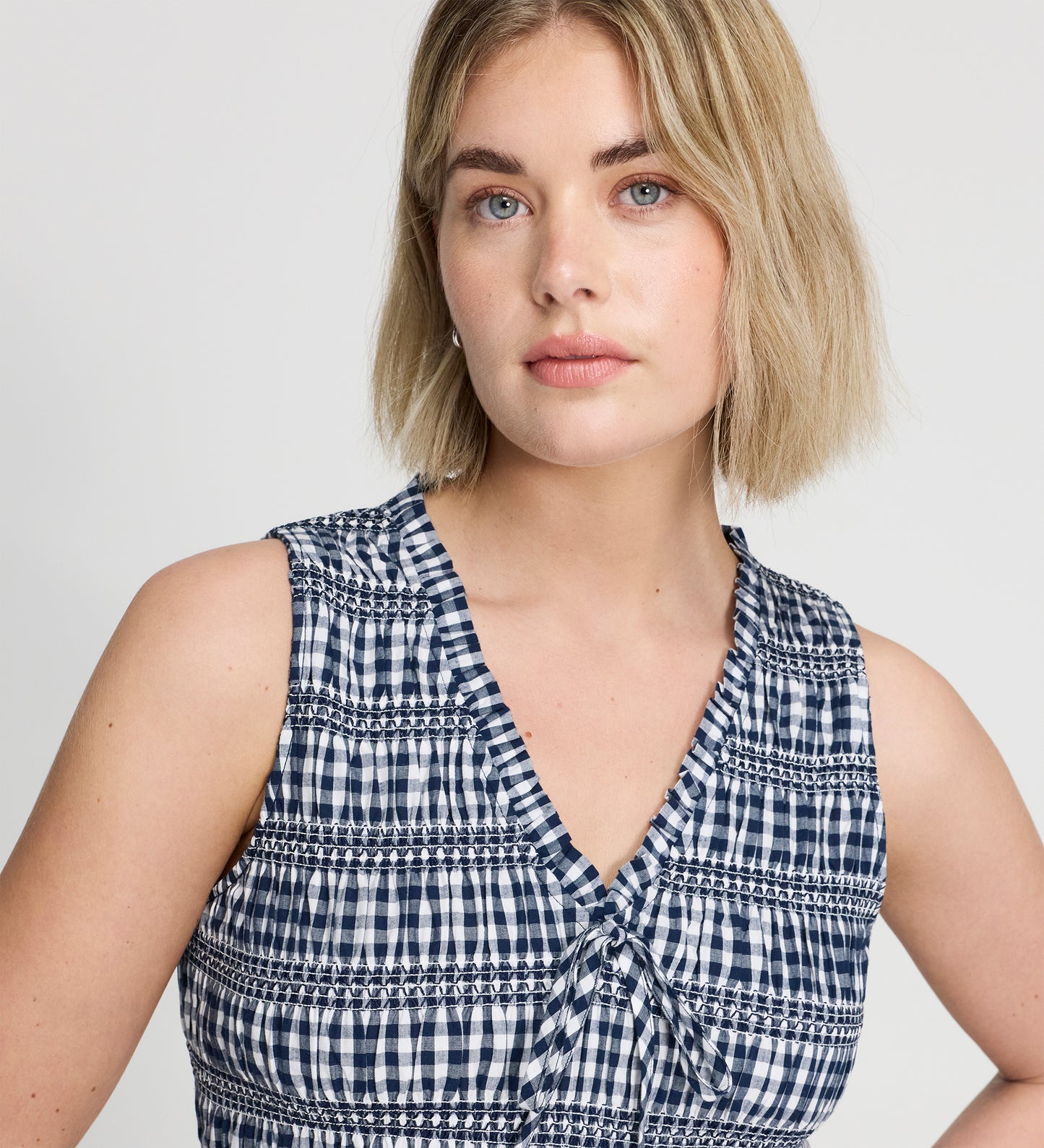 Hadlee Navy Cotton Gingham Shirred Bodice Sleeveless Midi Dress