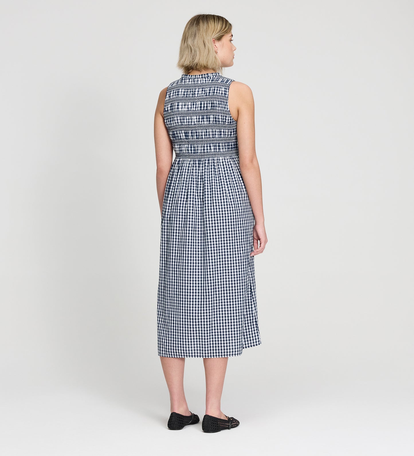 Hadlee Navy Cotton Gingham Shirred Bodice Sleeveless Midi Dress