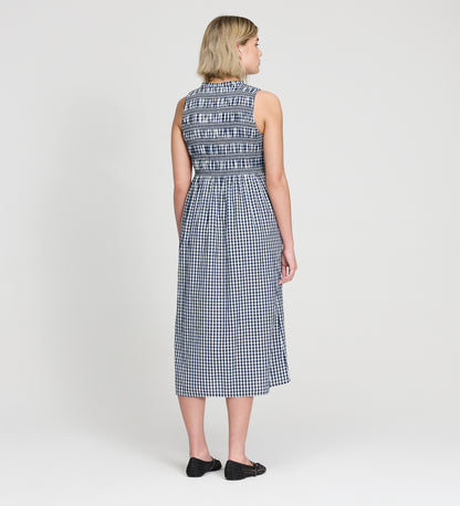 Hadlee Navy Cotton Gingham Shirred Bodice Sleeveless Midi Dress