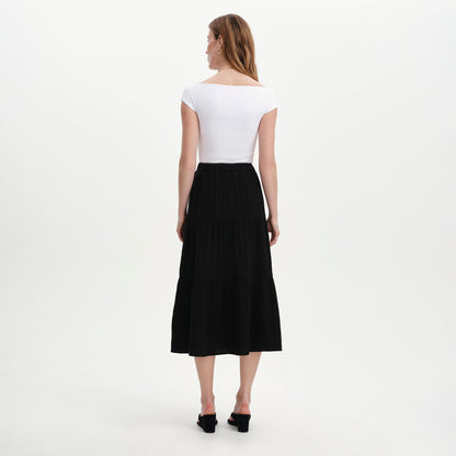 Harriett Black Cotton Cheesecloth Tiered Midi Skirt