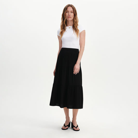 Harriett Black Cotton Cheesecloth Tiered Midi Skirt