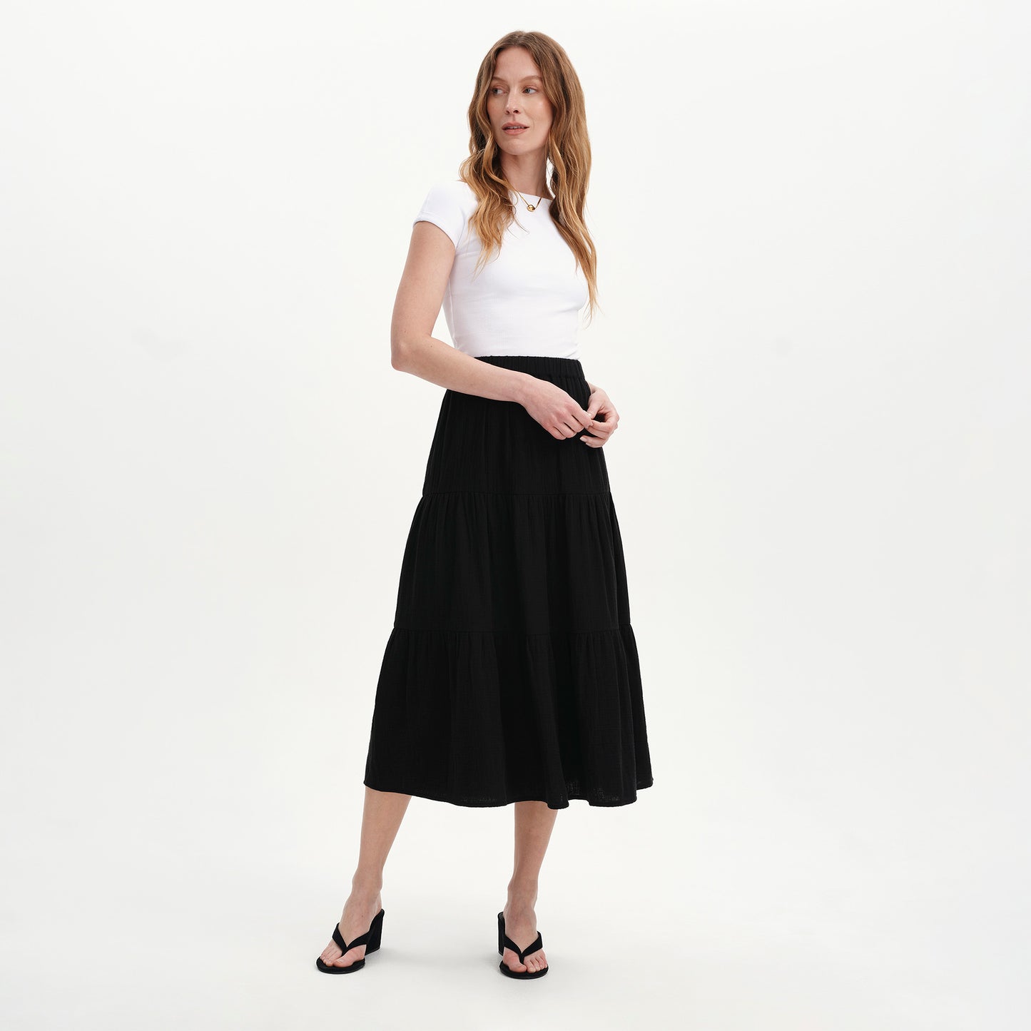 Harriett Black Cotton Cheesecloth Tiered Midi Skirt