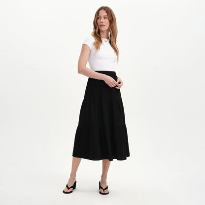 Harriett Black Cotton Cheesecloth Tiered Midi Skirt