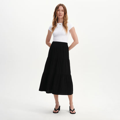 Harriett Black Cotton Cheesecloth Tiered Midi Skirt
