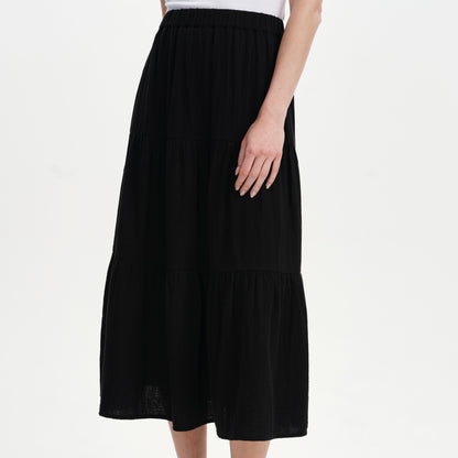 Harriett Black Cotton Cheesecloth Tiered Midi Skirt