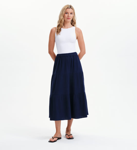 Harriett Navy Cotton Cheesecloth Tiered Midi Skirt