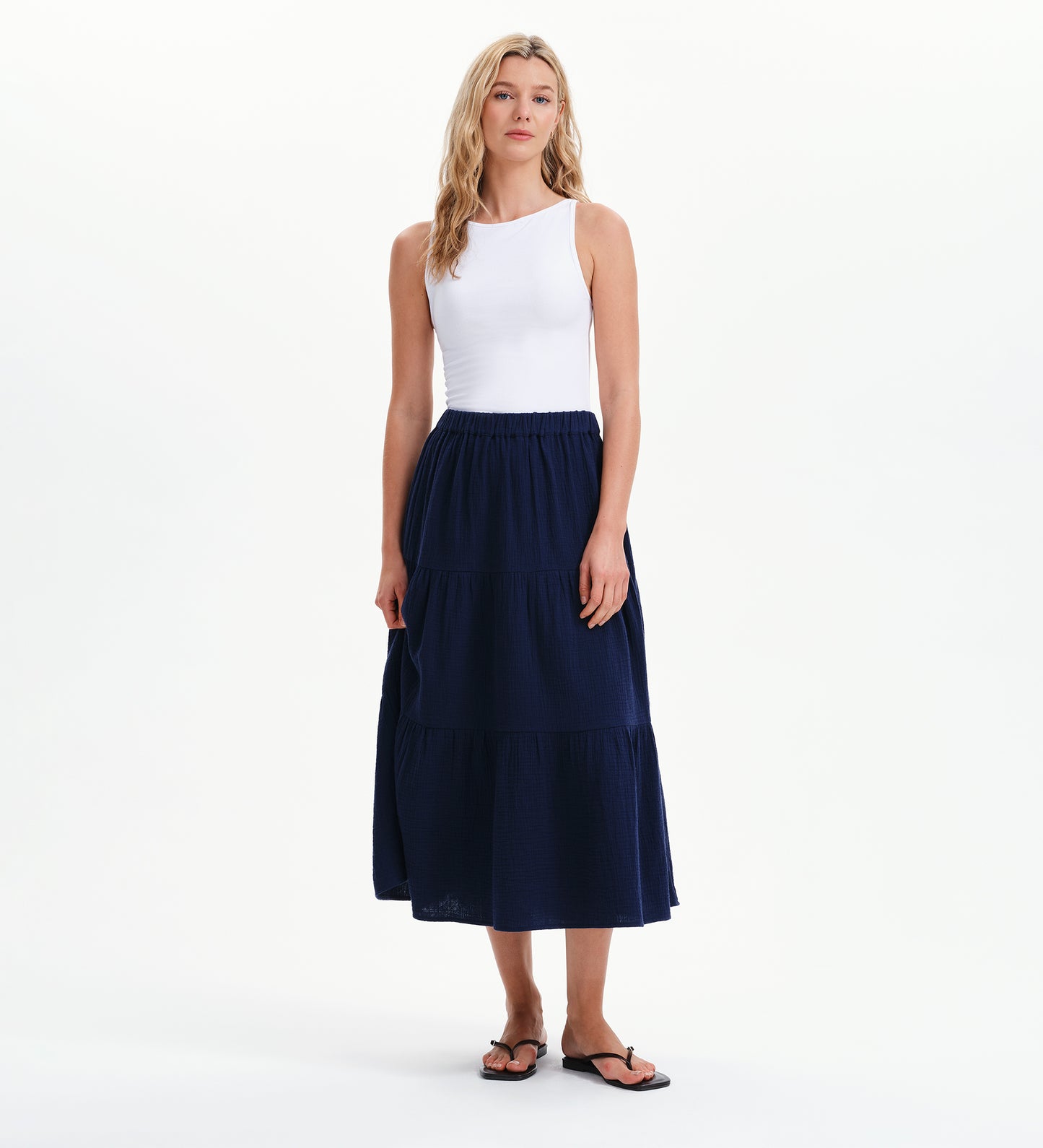 Harriett Navy Cotton Cheesecloth Tiered Midi Skirt