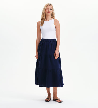 Harriett Navy Cotton Cheesecloth Tiered Midi Skirt
