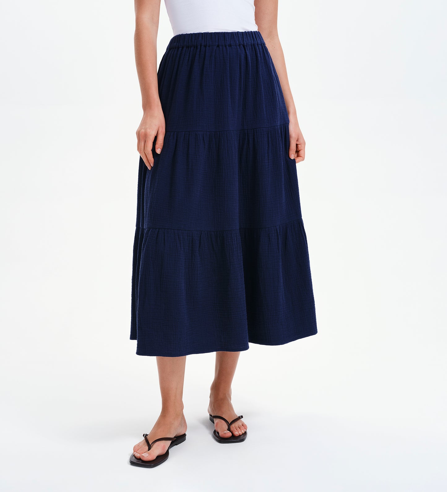 Harriett Navy Cotton Cheesecloth Tiered Midi Skirt