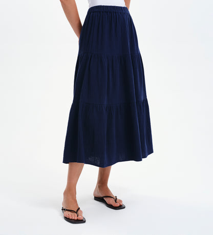 Harriett Navy Cotton Cheesecloth Tiered Midi Skirt
