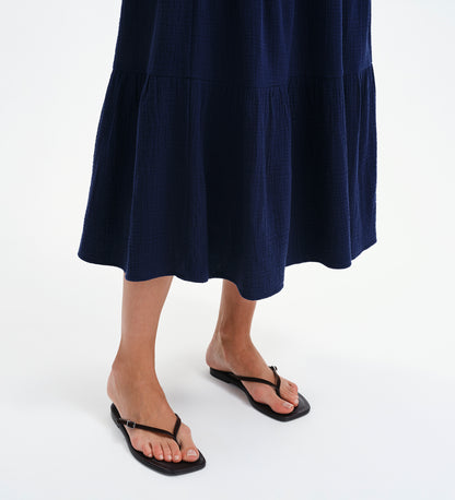 Harriett Navy Cotton Cheesecloth Tiered Midi Skirt
