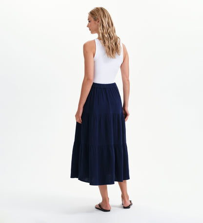 Harriett Navy Cotton Cheesecloth Tiered Midi Skirt