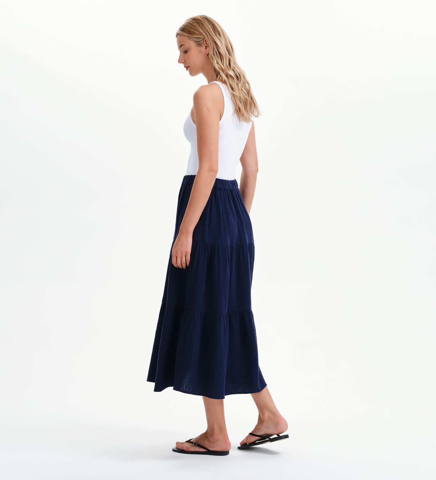 Harriett Navy Cotton Cheesecloth Tiered Midi Skirt