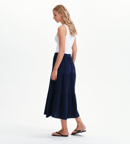 Harriett Navy Cotton Cheesecloth Tiered Midi Skirt