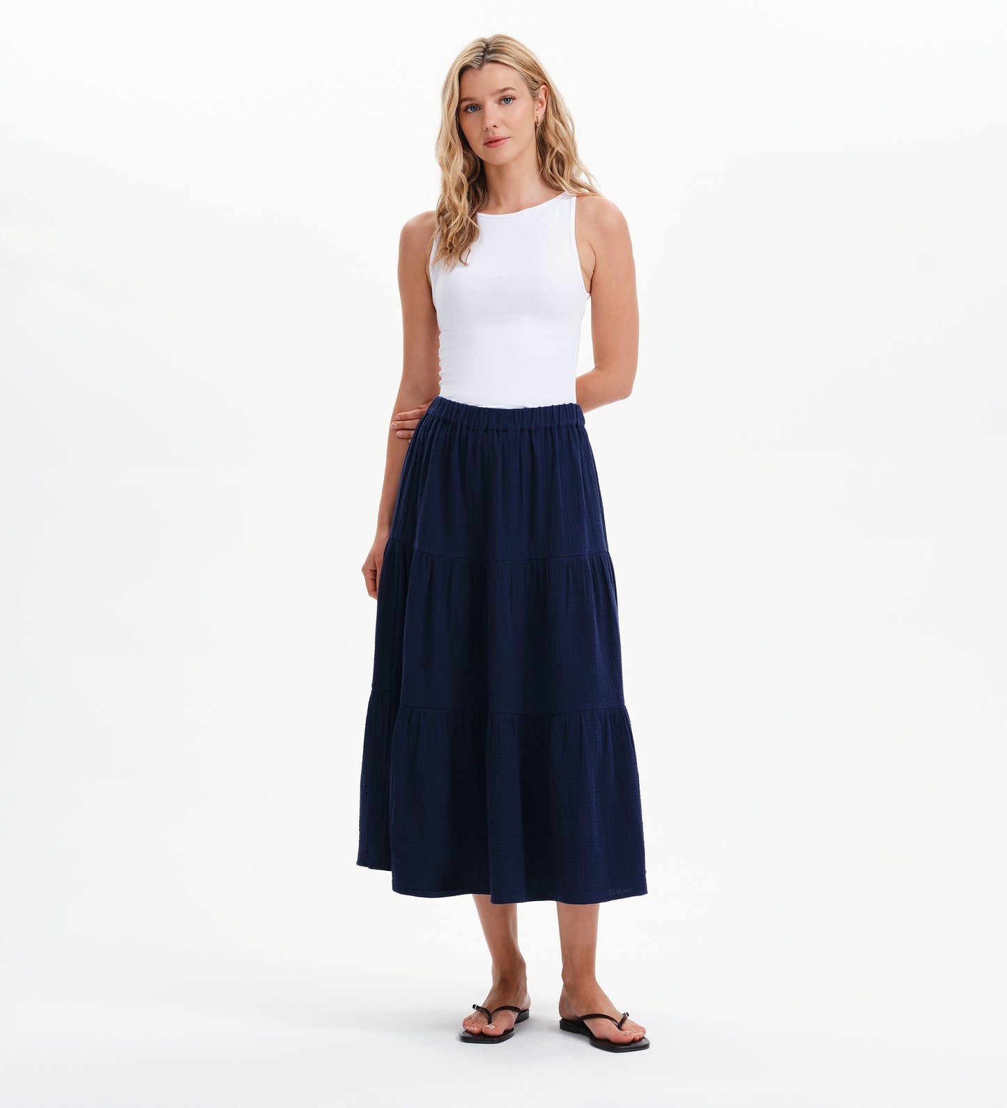 Harriett Navy Cotton Cheesecloth Tiered Midi Skirt