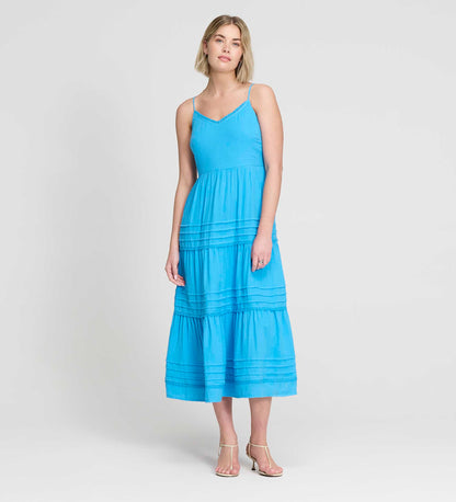 Hazel Blue Cotton Lace Trim Tiered Midi Dress