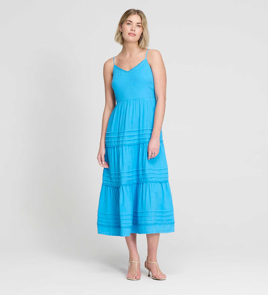Hazel Blue Cotton Lace Trim Tiered Midi Dress