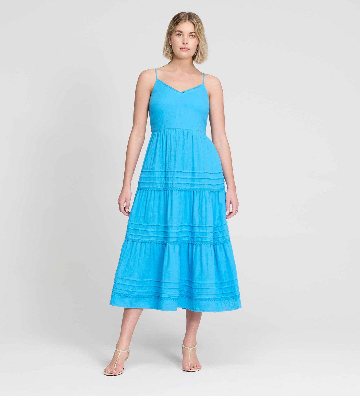 Hazel Blue Cotton Lace Trim Tiered Midi Dress