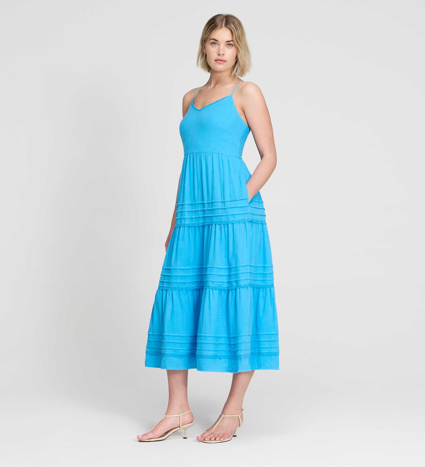 Hazel Blue Cotton Lace Trim Tiered Midi Dress