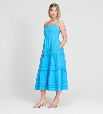 Hazel Blue Cotton Lace Trim Tiered Midi Dress