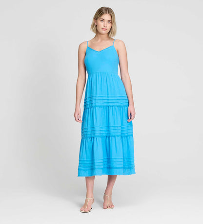 Hazel Blue Cotton Lace Trim Tiered Midi Dress