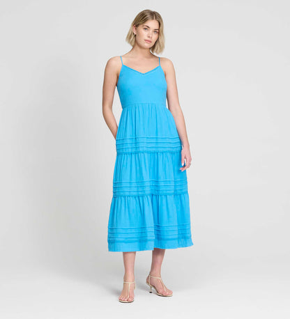 Hazel Blue Cotton Lace Trim Tiered Midi Dress