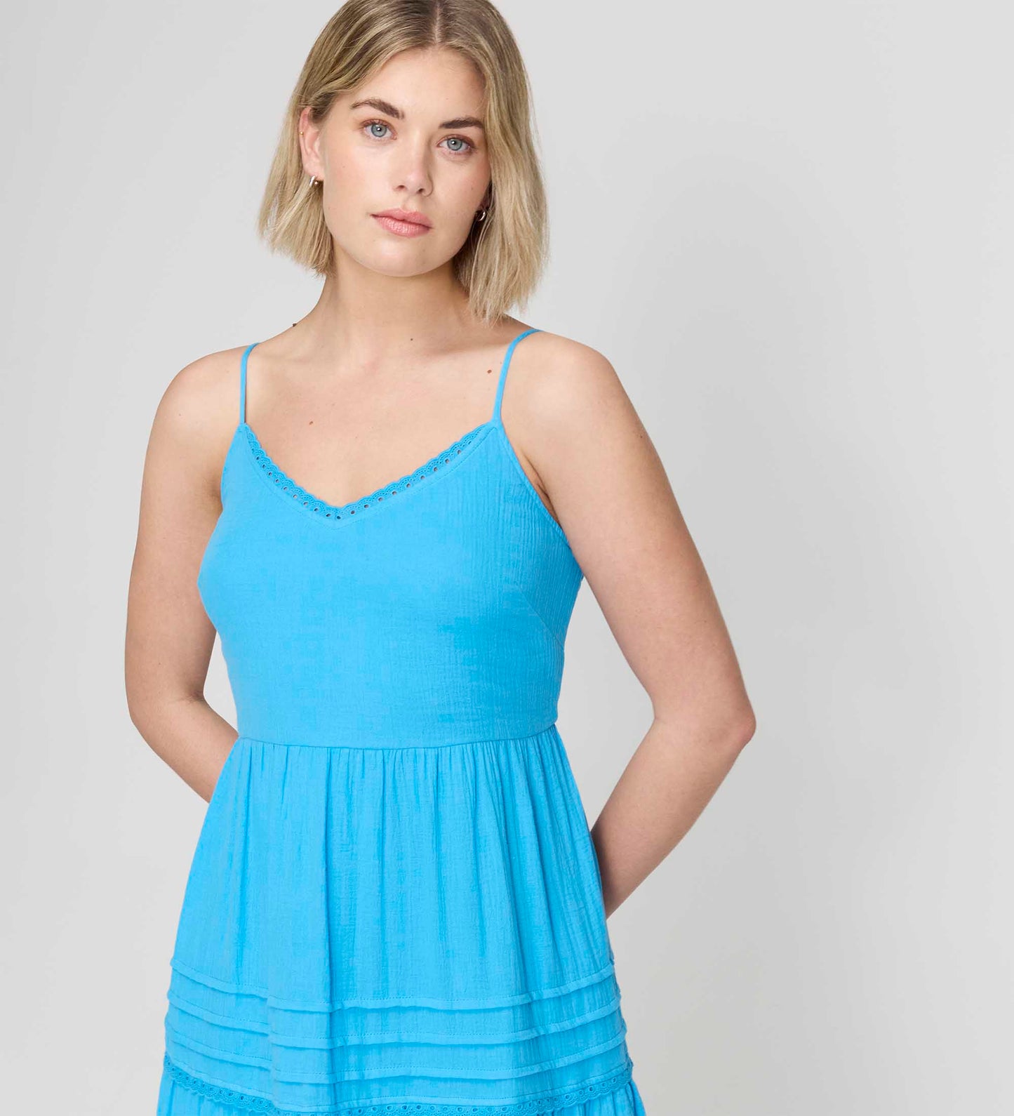 Hazel Blue Cotton Lace Trim Tiered Midi Dress