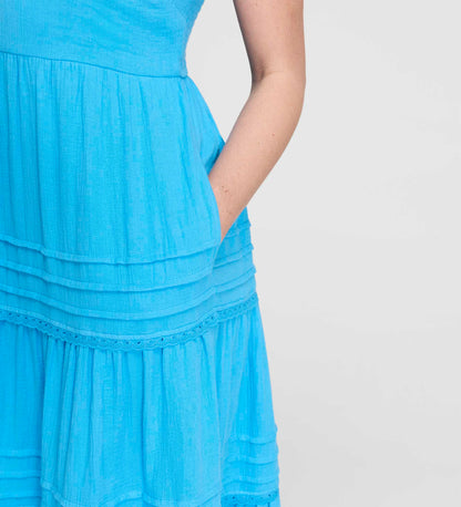 Hazel Blue Cotton Lace Trim Tiered Midi Dress