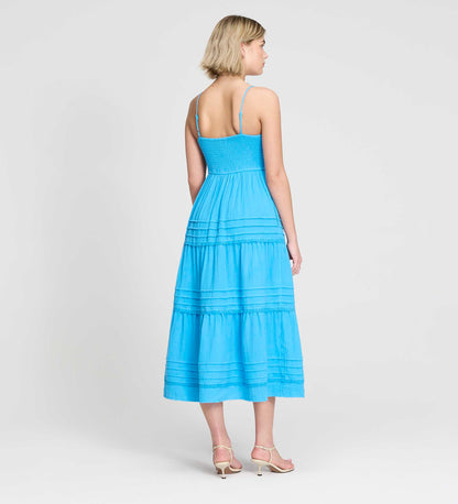 Hazel Blue Cotton Lace Trim Tiered Midi Dress