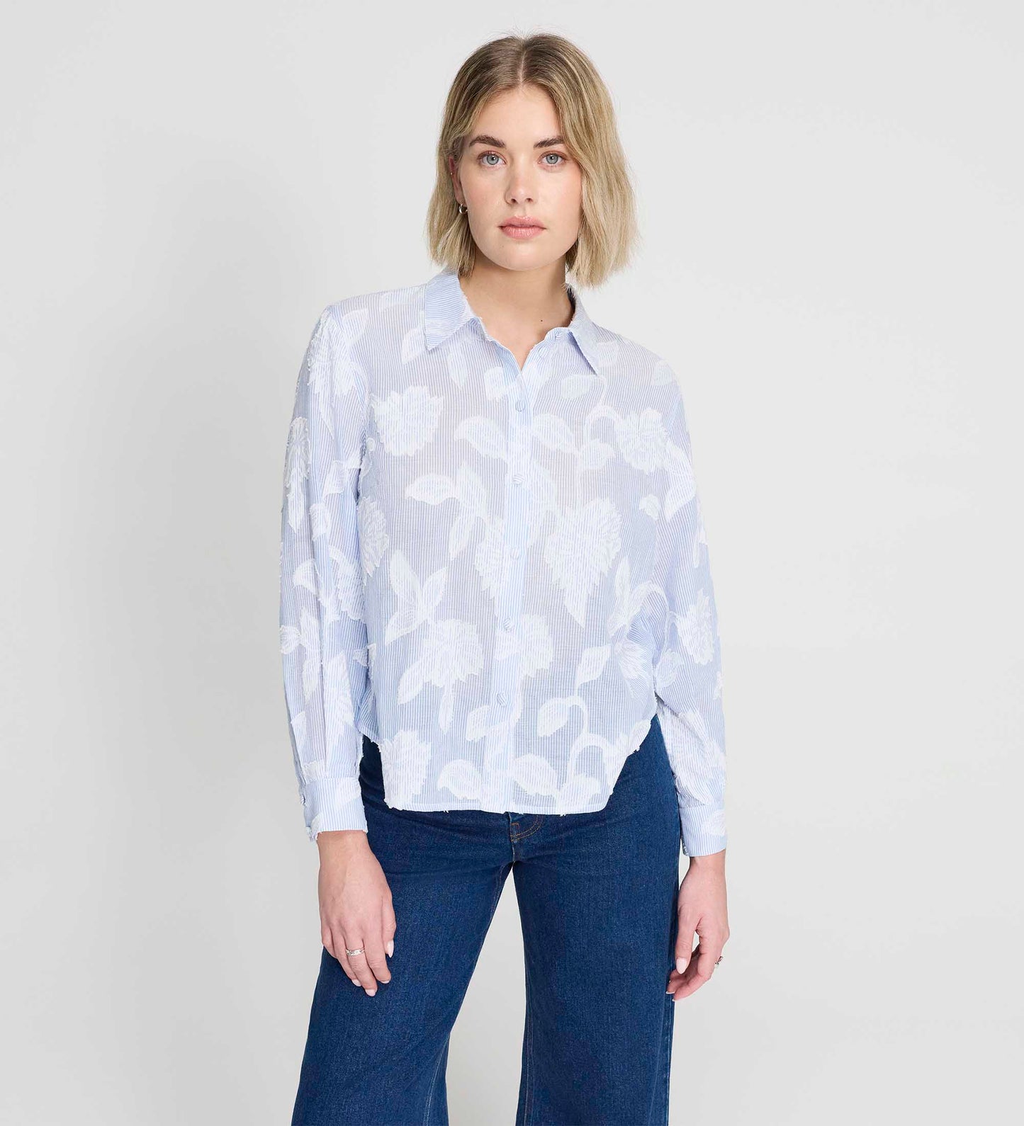Heidi Blue Floral Jacquard Stripe Long Sleeve Shirt