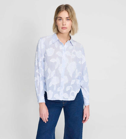 Heidi Blue Floral Jacquard Stripe Long Sleeve Shirt
